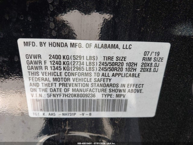 5FNYF7H20KB009236 Honda Passport Sport