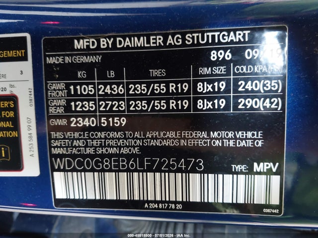 45518500 :رقم المزاد ، WDC0G8EB6LF725473 vin ، 2020 Mercedes-benz Glc 300 4matic مزاد بيع