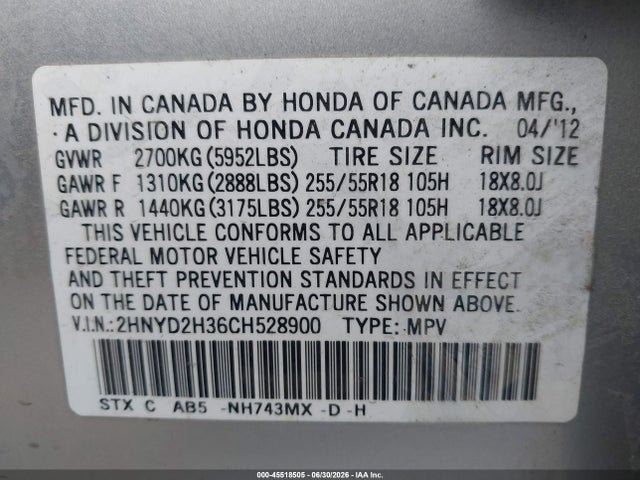 Aukcja sprzedaży 2012 Acura Mdx Technology Package, vin: 2HNYD2H36CH528900, numer aukcji: 45518505