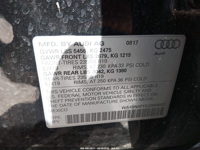 45518511 :رقم المزاد ، WA1BNAFY2J2045602 vin ، 2018 Audi Q5 2.0t Premium/2.0t Tech Premium مزاد بيع