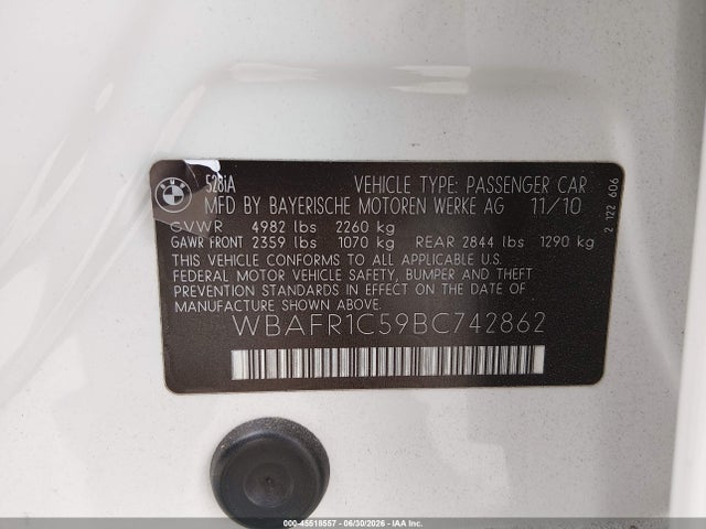 2011 Bmw 528i მანქანა იყიდება აუქციონზე, vin: WBAFR1C59BC742862, აუქციონის ნომერი: 45518557