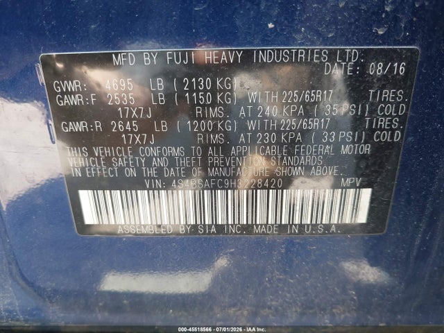 45518566 :رقم المزاد ، 4S4BSAFC9H3228420 vin ، 2017 Subaru Outback 2.5i Premium مزاد بيع