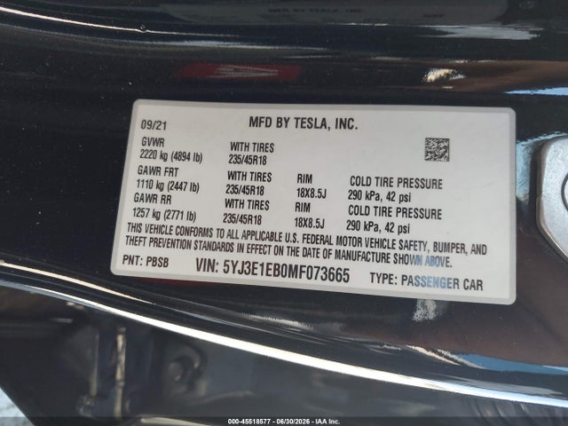 Tesla Model 3 Long Range Dual Motor All-wheel Drive 2021 5YJ3E1EB0MF073665 Image 9