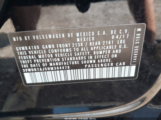 Продаж на аукціоні авто 2017 Volkswagen Jetta 1.4t Se, vin: 3VWDB7AJ5HM364478, номер лоту: 45518580