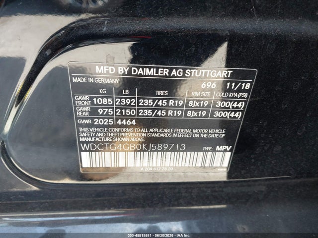 45518581 :رقم المزاد ، WDCTG4GB0KJ589713 vin ، 2019 Mercedes-benz Gla 250 4matic مزاد بيع