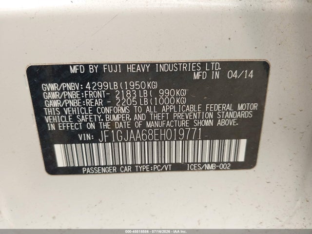 2014 Subaru Impreza 2.0i მანქანა იყიდება აუქციონზე, vin: JF1GJAA68EH019771, აუქციონის ნომერი: 45518586
