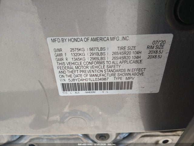45518593 :رقم المزاد ، 5J8YD4H01LL034987 vin ، 2020 Acura Mdx Technology   A-spec Packages مزاد بيع