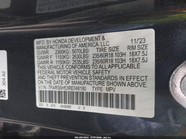 Aukcja sprzedaży 2024 Honda Cr-v Hybrid Sport, vin: 7FARS6H53RE048180, numer aukcji: 45518632