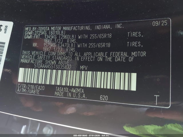 45518640 :رقم المزاد ، 5TDAAAA55TS035832 vin ، 2026 Toyota Grand Highlander Xle مزاد بيع
