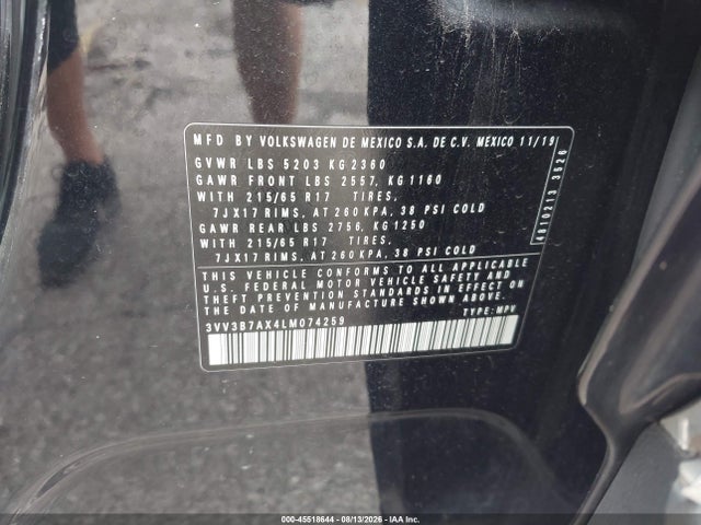 2020 Volkswagen Tiguan 2.0t Se/2.0t Se R-line Black/2.0t Sel მანქანა იყიდება აუქციონზე, vin: 3VV3B7AX4LM074259, აუქციონის ნომერი: 45518644