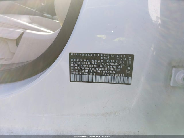 2014 Volkswagen Jetta 1.8t Se მანქანა იყიდება აუქციონზე, vin: 3VWD07AJ4EM322899, აუქციონის ნომერი: 45518653