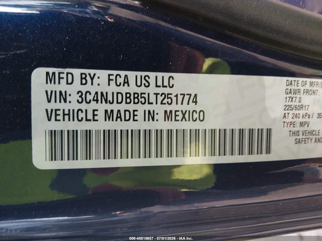 Aukcja sprzedaży 2020 Jeep Compass Sun And Safety 4x4, vin: 3C4NJDBB5LT251774, numer aukcji: 45518657