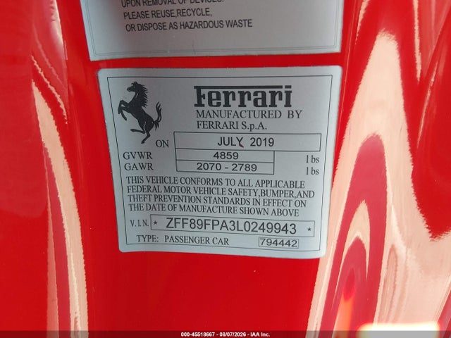 Продажа на аукционе авто 2020 Ferrari Portofino, vin: ZFF89FPA3L0249943, номер лота: 45518667