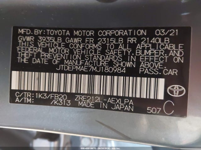 Продажа на аукционе авто 2021 Toyota Corolla Le, vin: JTDEPMAE7MJ180984, номер лота: 45518670