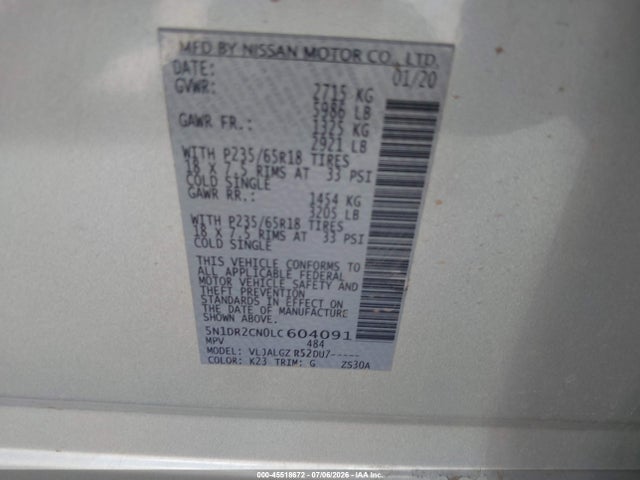 Nissan Pathfinder Sl 2wd 2020 5N1DR2CN0LC604091 Image 9