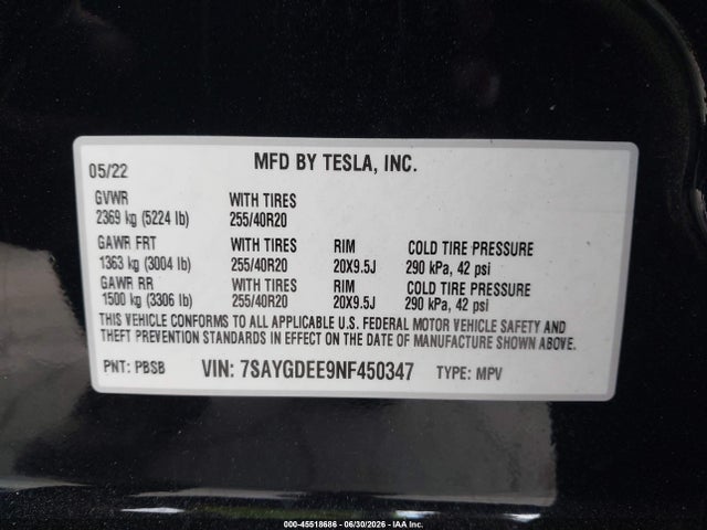 Aukcja sprzedaży 2022 Tesla Model Y Long Range Dual Motor All-wheel Drive, vin: 7SAYGDEE9NF450347, numer aukcji: 45518686