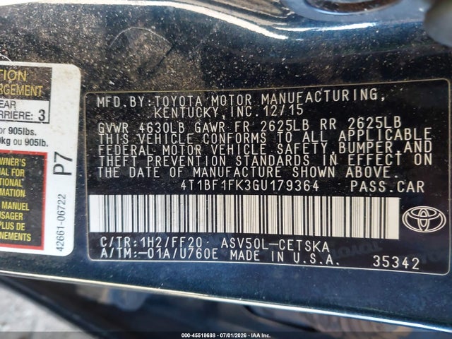 Toyota CAMRY SE 2016 4T1BF1FK3GU179364 Image 9