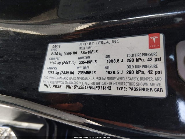 Продаж на аукціоні авто 2018 Tesla Model 3 Long Range/mid Range, vin: 5YJ3E1EA9JF011443, номер лоту: 45518695