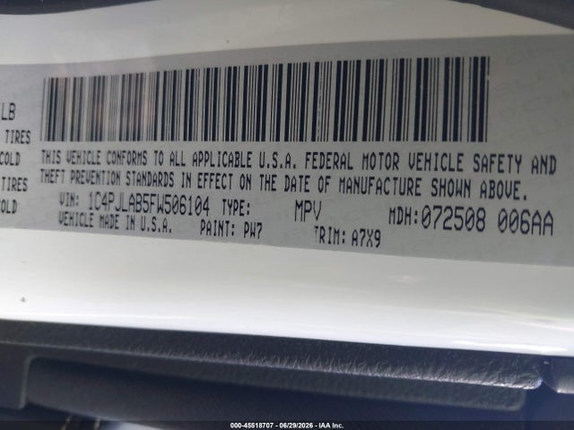 45518707 :رقم المزاد ، 1C4PJLAB5FW506104 vin ، 2015 Jeep Cherokee Sport مزاد بيع
