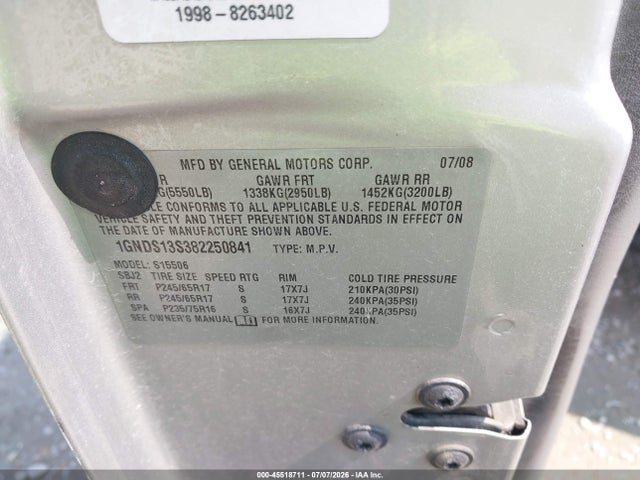 2008 Chevrolet Trailblazer Fleet მანქანა იყიდება აუქციონზე, vin: 1GNDS13S382250841, აუქციონის ნომერი: 45518711