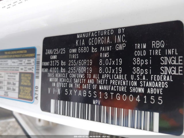 Auction sale of the 2026 Kia Ev9 Light Long Range, vin: 5XYAB5S13TG004155, lot number: 45518716