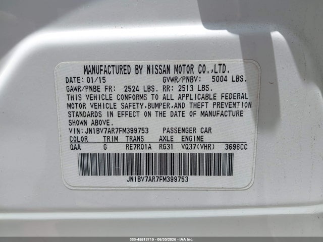 Продаж на аукціоні авто 2015 Infiniti Q50, vin: JN1BV7AR7FM399753, номер лоту: 45518719