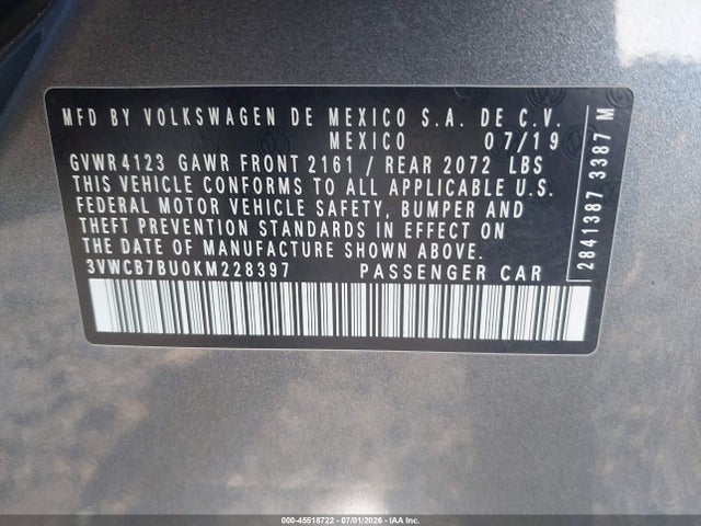 45518722 :رقم المزاد ، 3VWCB7BU0KM228397 vin ، 2019 Volkswagen Jetta 1.4t R-line/1.4t S/1.4t Se مزاد بيع
