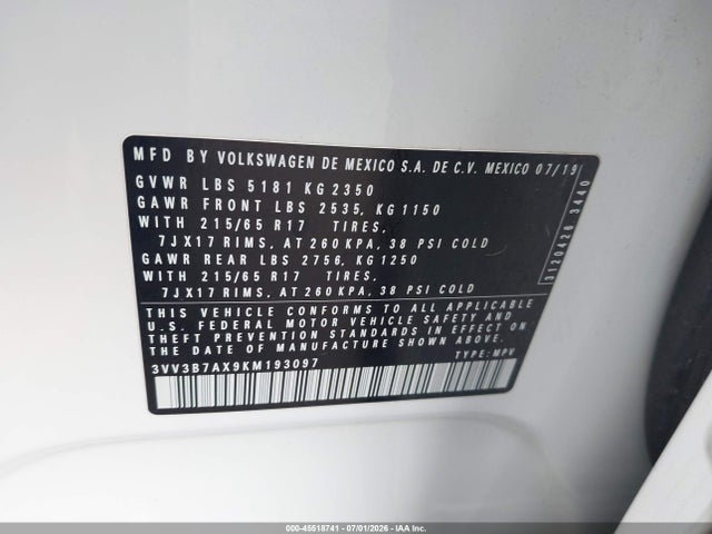 45518741 :رقم المزاد ، 3VV3B7AX9KM193097 vin ، 2019 Volkswagen Tiguan 2.0t Se/2.0t Sel/2.0t Sel R-line/2.0t Sel R-line Black مزاد بيع