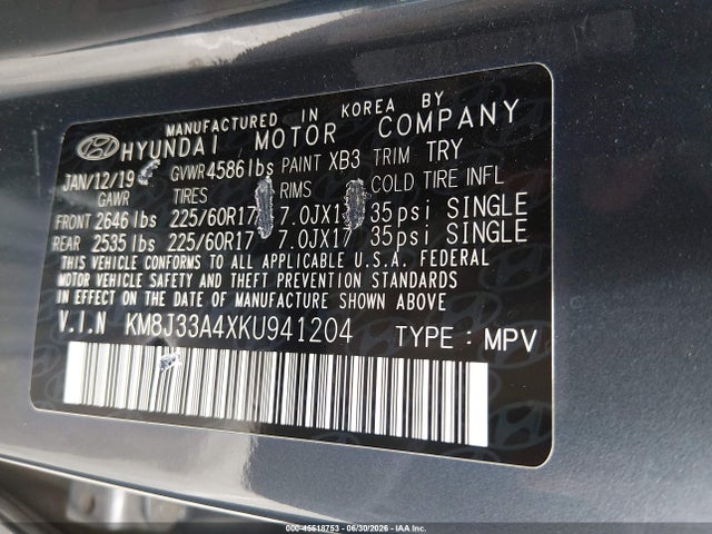 2019 Hyundai Tucson Value მანქანა იყიდება აუქციონზე, vin: KM8J33A4XKU941204, აუქციონის ნომერი: 45518753