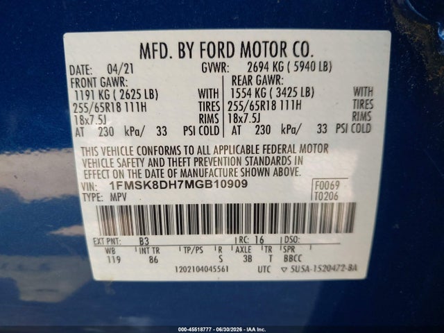 Aukcja sprzedaży 2021 Ford Explorer Xlt, vin: 1FMSK8DH7MGB10909, numer aukcji: 45518777