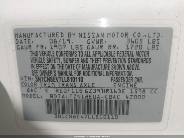 Aukcja sprzedaży 2020 Nissan Versa Sv Xtronic Cvt, vin: 3N1CN8EV7LL810110, numer aukcji: 45518778