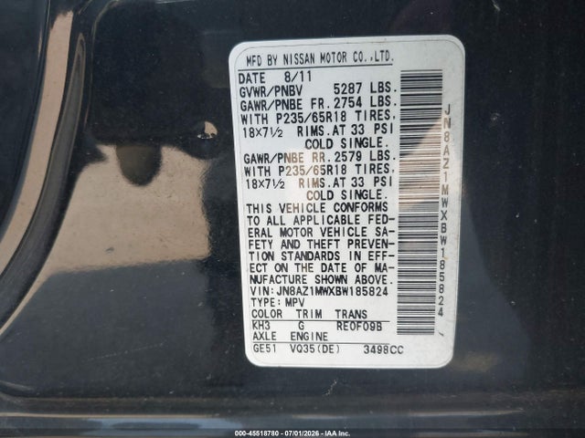 Aukcja sprzedaży 2011 Nissan Murano Sl, vin: JN8AZ1MWXBW185824, numer aukcji: 45518780