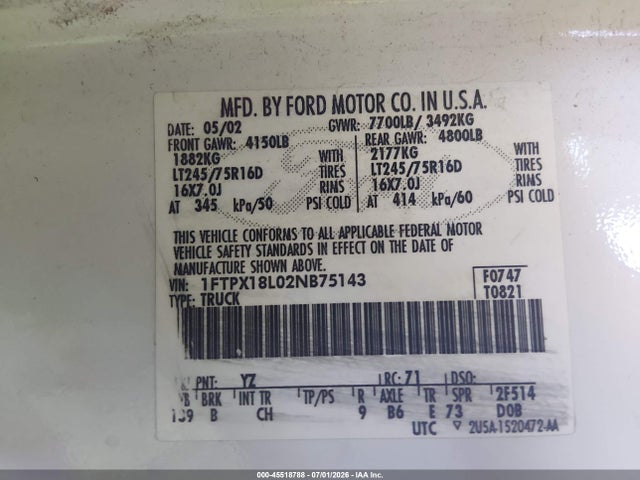 Продажа на аукционе авто 2002 Ford F-150 Lariat/xl/xlt, vin: 1FTPX18L02NB75143, номер лота: 45518788