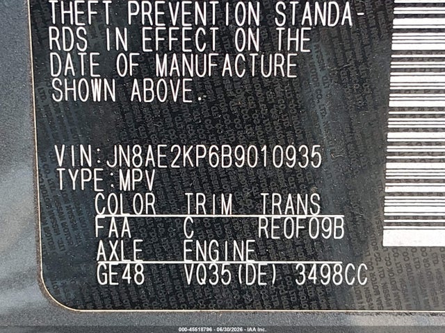 2011 Nissan Quest Sl მანქანა იყიდება აუქციონზე, vin: JN8AE2KP6B9010935, აუქციონის ნომერი: 45518796
