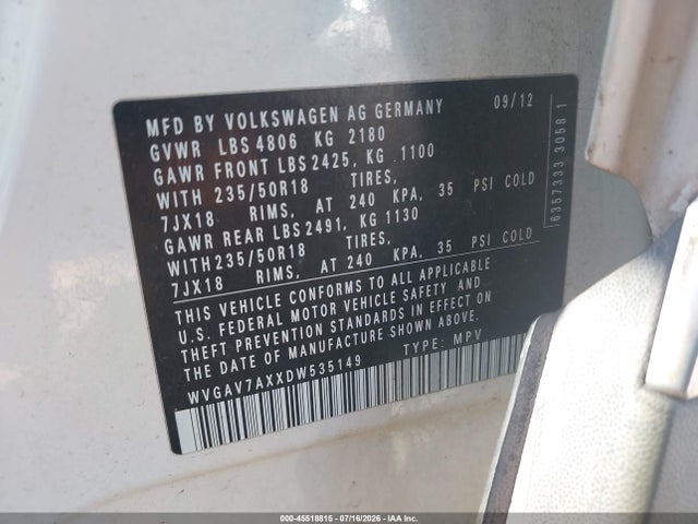 2013 Volkswagen Tiguan Se მანქანა იყიდება აუქციონზე, vin: WVGAV7AXXDW535149, აუქციონის ნომერი: 45518815