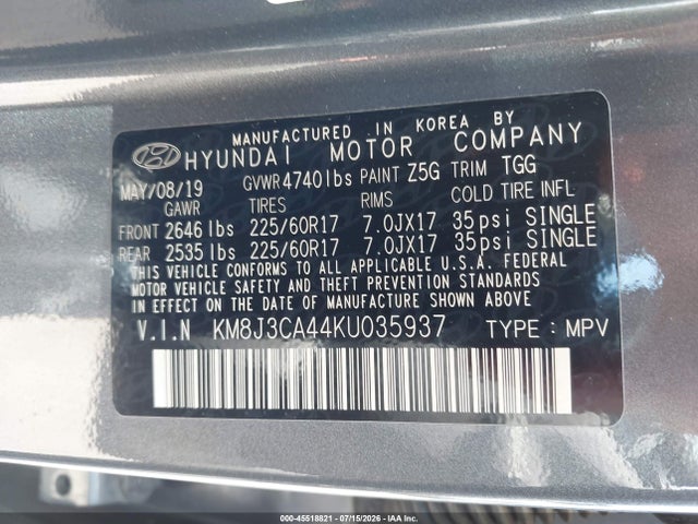 Продаж на аукціоні авто 2019 Hyundai Tucson Value, vin: KM8J3CA44KU035937, номер лоту: 45518821