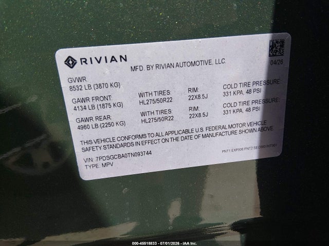 7PDSGCBA0TN093744 Rivian R1s Dual Motor Max Pack/performance Dual Motor Max Pack