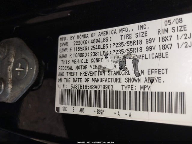 Auction sale of the 2008 Acura Rdx, vin: 5J8TB18548A019963, lot number: 45518832