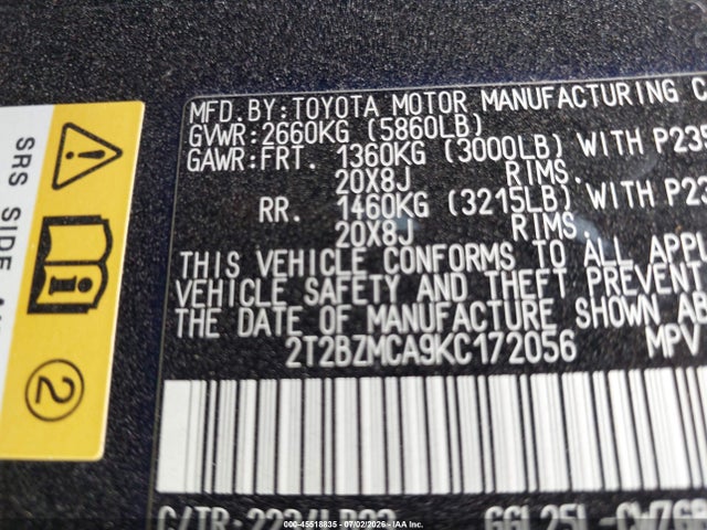 Aukcja sprzedaży 2019 Lexus Rx 350, vin: 2T2BZMCA9KC172056, numer aukcji: 45518835