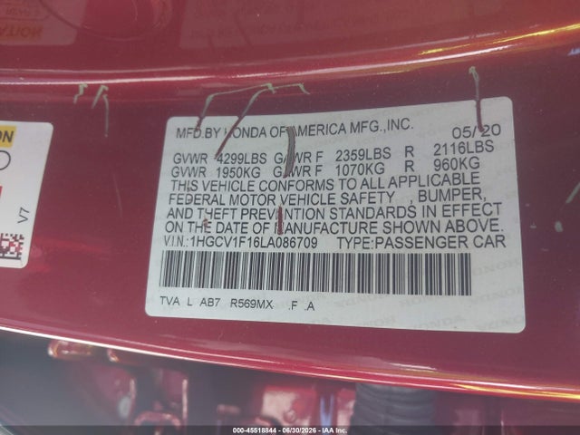 Honda ACCORD LX 2020 1HGCV1F16LA086709 Image 9
