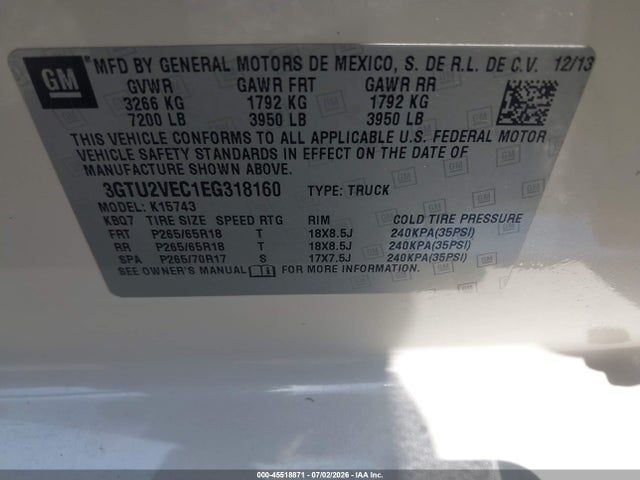 Продажа на аукционе авто 2014 Gmc Sierra 1500 Slt, vin: 3GTU2VEC1EG318160, номер лота: 45518871
