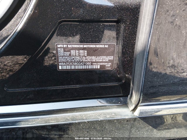 2016 Bmw 750i Xdrive მანქანა იყიდება აუქციონზე, vin: WBA7F2C58GG421060, აუქციონის ნომერი: 45518898