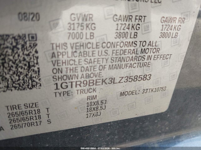 45518904 :رقم المزاد ، 1GTR9BEK3LZ358583 vin ، 2020 Gmc Sierra 1500 4wd  Standard Box Sle مزاد بيع