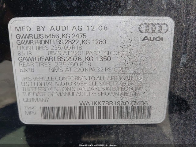 Aukcja sprzedaży 2009 Audi Q5 3.2 Premium, vin: WA1KK78R19A017406, numer aukcji: 45518908