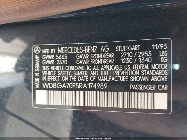 Aukcja sprzedaży 1994 Mercedes-benz S 500, vin: WDBGA70E5RA174989, numer aukcji: 45518919