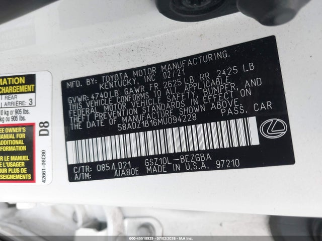 Lexus ES 350 2021 58ADZ1B16MU094228 Image 9