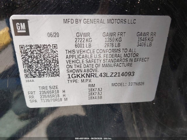 2020 Gmc Acadia Fwd Sle მანქანა იყიდება აუქციონზე, vin: 1GKKNRL43LZ214093, აუქციონის ნომერი: 45518934