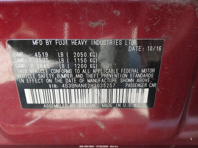Aukcja sprzedaży 2017 Subaru Legacy 2.5i Limited, vin: 4S3BNAN62H3035257, numer aukcji: 45518947