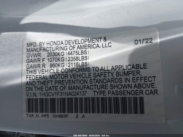 1HGCV1F31NA024137 Honda Accord Sport