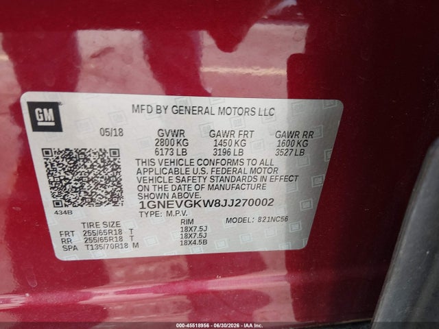 45518956 :رقم المزاد ، 1GNEVGKW8JJ270002 vin ، 2018 Chevrolet Traverse Lt Cloth مزاد بيع